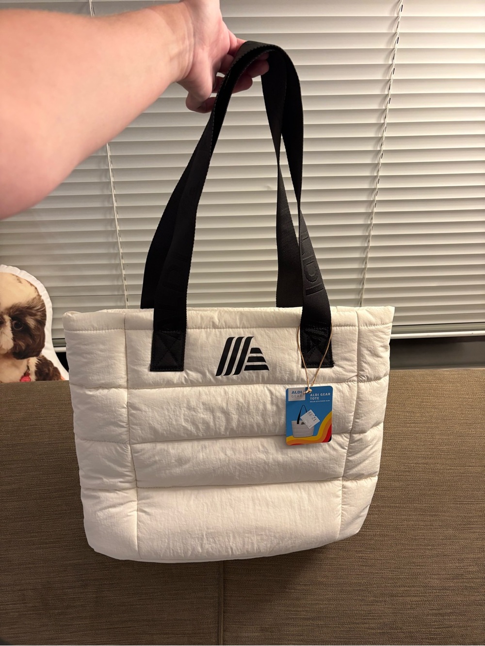 Aldi Quilted White Tote Bag with Black Straps